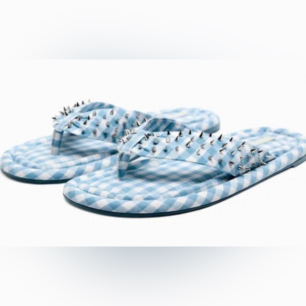 Zara Gingham Studded Flip Flops Sandals - Picture 11 of 12